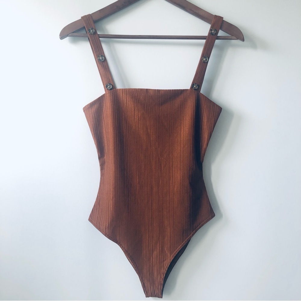 The East Order Bodysuit Tank Ribbed Bronze Cooper Cocoa Tortoiseshell Buttons XS